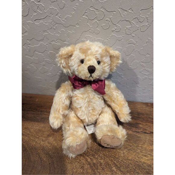 Vintage Stanley Bombay Teddy Bear Plush Blond 1998 Burgundy Bow 9" - Picture 1 of 6